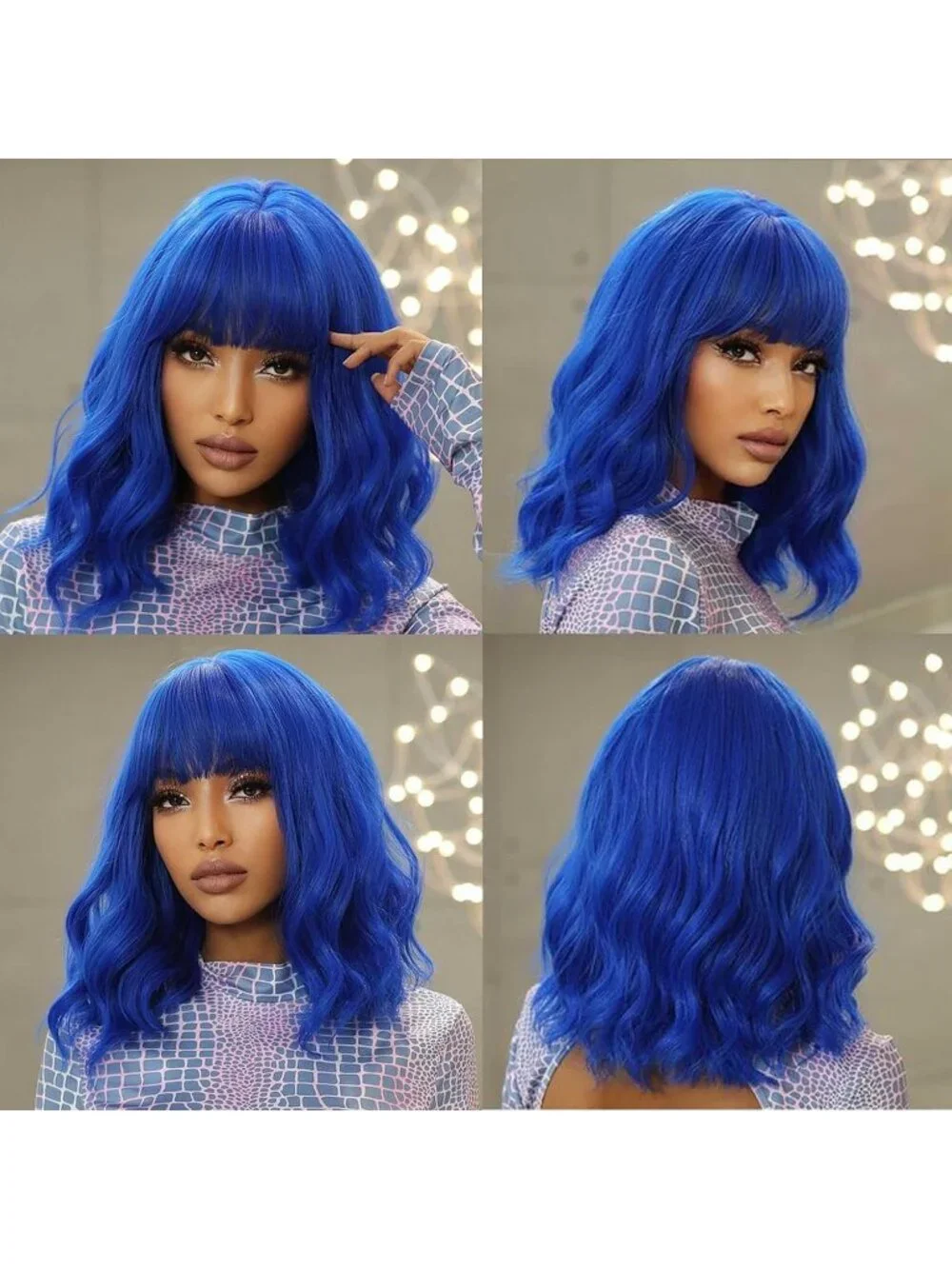 Women's Blue 14 Inch Heat Resistant Short Bangs Bob Modern Wavy Wigs